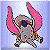Pixelated character with gray body, pink ears, and multicolored limbs against light blue background.