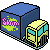 Pixel art of a blue truck with yellow and cyan accents, featuring 'Slurm' text on its side, displayed in four identical positions