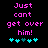 Pixelated text reads 'Just cant get over him!' in pink on black background with cyan and teal heart symbols below.