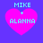 Four identical pixelated heart icons with cyan text 'MIKE + ALANNA' on a purple background, each displaying slight variations in heart size and position.