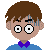 Pixel art of a character with brown hair, blue shirt, purple bow tie, and sweat droplets on forehead; left view shows wide eyes while right view has narrowed eyes.