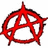 Red anarchy symbol on white background with red text reading 'Anarchy', 'Penis', and 'Poop' in pixelated font against black backdrop.