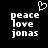 Black background with white pixelated text reading peace love jonas and a pixelated heart symbol above the text.