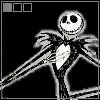 Black-and-white skeletal figure with wide eyes and a toothy grin, arms extended in a dynamic pose against dark background.