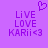 Purple background with pixelated text and a heart symbol; two identical side-by-side layouts of 'LiVE LOVE KARii<3' in purple, each with a small heart above the left layout.