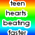 Pixelated text reads 'teen hearts beating faster' over a rainbow gradient background with horizontal stripes.