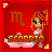Pixel art buddy icon featuring a female character with orange hair in pigtails, green eyes, and white earrings against a red background with the Scorpio zodiac symbol and text.