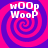 Pixelated text 'woop Woop' appears over a pink and purple spiral background with four identical arranged in a