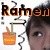 A pixelated image shows a person's face with an orange 'Ramen' text above, next to a steaming bowl of ramen and black-and-white wavy lines.