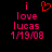 Pixelated pink text on black background reads 'i love lucas 1/19/08' with a red heart symbol above the word 'love'.