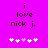 A bright pink background displays the text "i love nick j." in dark brown pixelated font, with five white and light purple plus signs below.