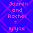 Pixelated text on a blue background with pink geometric patterns, displaying 'Jazmin and Rachel = lylyas' in two identical vertical