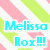 Pixelated icon with blue text reading "Melissa Rox!!!" over white background, surrounded by pink and green arrow shapes.