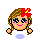 Pixel art character with brown braided hair, red flower accessory, blue eyes, pink cheeks, and a smiling expression; four variations show different poses and arm positions.