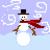 Pixelated snowman with top hat and red scarf stands against light purple background, surrounded by white swirls.