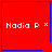 Four red square with blue borders display "Nadia P" text and a small symbol in the bottom-right corner of each