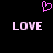 A black background displays a pink pixelated heart above two pink pixelated 'LOVE' texts with a glitch effect.