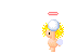 Pixel art animation of a winged figure with curly blonde hair and a red halo, interacting with snow-covered houses and snowballs on a gray background.