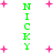 Green vertical text 'NICKY' appears in three with pink plus signs scattered across a white background