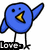 Blue cartoon bird with yellow beak and black eyes stands on thin legs, left wing raised, text below reads 'Love' on left and 'Uvlo' on right.