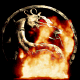 Circular icon with silver dragon encircling a red gem, surrounded by orange and yellow flames against black background.