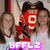 Three people pose together with a red and white spiral symbol overlaid on the central figure's face, pink text reading 'BFFLZ' at bottom.