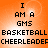Orange background with black pixelated text reading "I AM A GMS BASKETBALL CHEERLEADER" in four identical quadrants.
