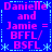 Blue background with pink text reading "Danielle and Jamie = BFFL/BSFL" repeated in a pattern, surrounded by light blue dotted lines and white asterisks