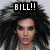 A pixelated image of a person with voluminous dark hair, showing three variations of text above the head: 'BILL!!', 'I <3 U!', and '<33333'.