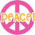 Pixelated icon with pink peace symbol, orange 'PEACE!' text, cyan heart shape, purple 'LOVE!' text, yellow smiley face, and green 'SMILE!' text on red background.