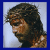 Pixelated image of a bearded man with long hair and crown of thorns on left, blue with text He, He Died, He Died for, YOU!