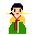 Pixel art character in traditional East Asian dress with yellow sleeves, green skirt, red sash, and dark hair styled with two yellow sidebars.