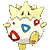 Two side-by-side pixelated frames of a yellow and white cartoon character with star-shaped head, red circular eyes, blue triangular eye, and golden limbs against gray background.