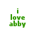 Green pixelated text 'i love abby' on white background with gray rectangle at bottom right