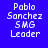 Four pixelated text display 'Pablo Sanchez SMG Leader' in white on blue, teal, green, and dark teal backgrounds