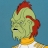 Pixelated green-skinned character with red hair, closed eyes, and a yellow collar against a blue background.