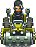 Pixel art of a character with dark hair and glasses seated in a yellow armored vehicle with large cylindrical turrets on both sides.