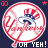 Four circular icons with red 'NY' text and a blue-and-white mascot wearing a striped hat, each displaying 'OH YEH!' in different colors against dark background.