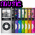 Pixel art collage featuring music-themed elements including a stereo, CDs, piano keys, and musical notes with 'music' text in purple.