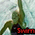 A person in a dark swimsuit performs a swimming stroke with arms extended upward, surrounded by water. The word "Swim" appears in red text below the figure.