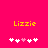 Yellow text 'Lizzie' on bright pink background with two of white and pink pixelated hearts below