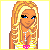 Pixel art contact sheet showing six frames of an animated buddy icon featuring a blonde cartoon character with blue eyes, yellow top, and pink heart necklace across different poses and expressions.
