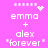 Pixelated text on pink background with animated heart and star effects, showing 'emma + alex "forever"' repeated twice.