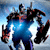 Pixelated figure in blue and black armor with red accents, holding a weapon, against a light blue background.