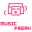 Pixel art icon of a pink boombox with changing facial expressions and brackets, labeled 'MUSIC FREAK' or 'MUSIC' below.