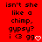 Red background with black pixelated text reading "isn't she like a chimp, gypsy? i <3 gg" and a white heart symbol.