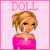 A pixelated contact sheet of two animated frames showing a cartoon woman with blonde hair in a ponytail wearing a pink strapless top, displayed side-by-side under the text "DOLL" and "BABY" on a light pink background.