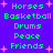 Pixelated green text lists 'Horses', 'Basketball', 'Drums', 'Peace', and 'Friends' on a purple background with pink starbursts, arranged in two vertical