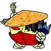A cartoon character with a large orange conical hat, red torso, yellow face, and blue hair, holding a gray axe with yellow text, standing on striped legs against a gray background.