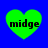 Four green heart shapes with black text "midge" on a blue background, showing slight variations in pixelation and alignment across four positions.